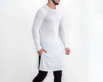 Mens T-Shirt White Feather Design Longline Split Sides 100% Organic Cotton Mens T-Shirt White Feather Design Longline Split Sides 100% Organic Cotton
