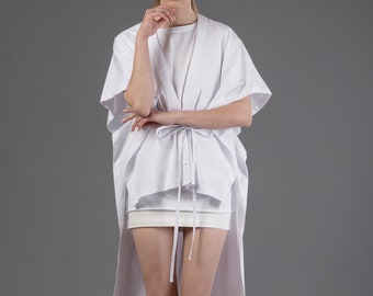 Kaftan shirt / Kimono shirt / White maxi top / Longline cardigan / Minimalist white top / White kimono jacket / Futuristic shirt