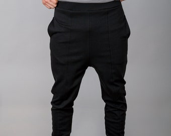 Minimalist sweatpants for men / Black drop crotch pants / Tight layered pants