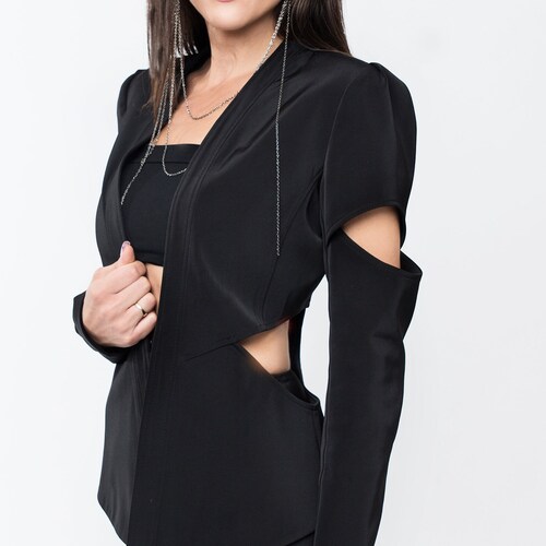 Cut out blazer in black / Avant garde futuristic blazer / Womens minimalist black jacket