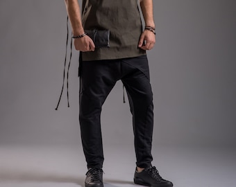 Minimalist drop crotch pants /  Black slim fit trouser  / Men's pants with raw hem detail / Summer style pants / Black Pants