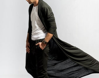 Mens kimono cardigan / Longline Cardigan / Long black cardigan / Minimalist fashion / Jersey kimono / Dark fashion