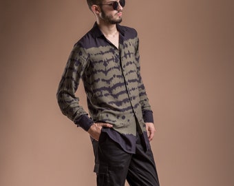 Silk button shirt in green and black / Minimalist dress shirt / Avant garde shirt / Party shirt / Summer shirt / Jungle style