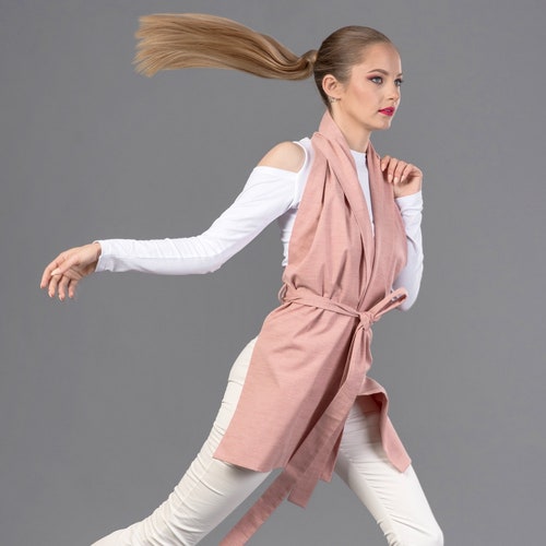 Drape shawl kimono vest / Minimalist drape kimono in coral / Women's shawl kimono blazer / Avant garde open back jacket