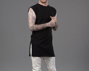 Longline sleeveless t-shirt / Minimalist black tank top / Men's raw neck top / Tee with side slits / Men's black top / Long t-shirt