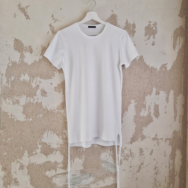 Tee with side slits / Men's slim fit top / White T-shirt with ropes / Avant-garde tee / Minimalist t-shirt / Extravagant top