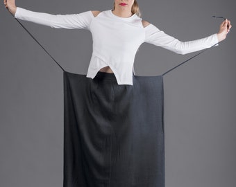Blue cotton maxi skirt / Women's minimalist skirt / Longline skirt with ropes / Wrap style long maxi skirt