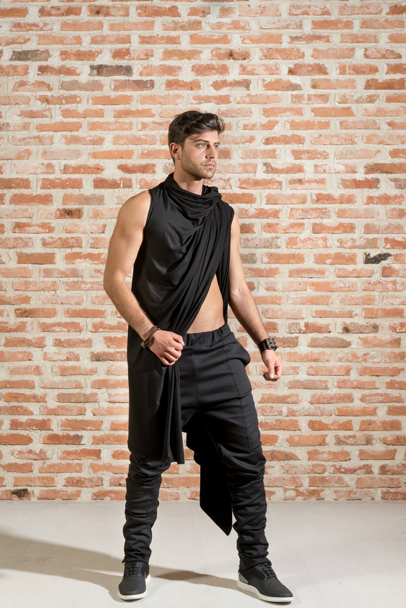 Draped mens cardigan / Sleeveless draped cardigan / Black draped cardigan / Asymmetric cardigan / Minimalist mens fashion image 5