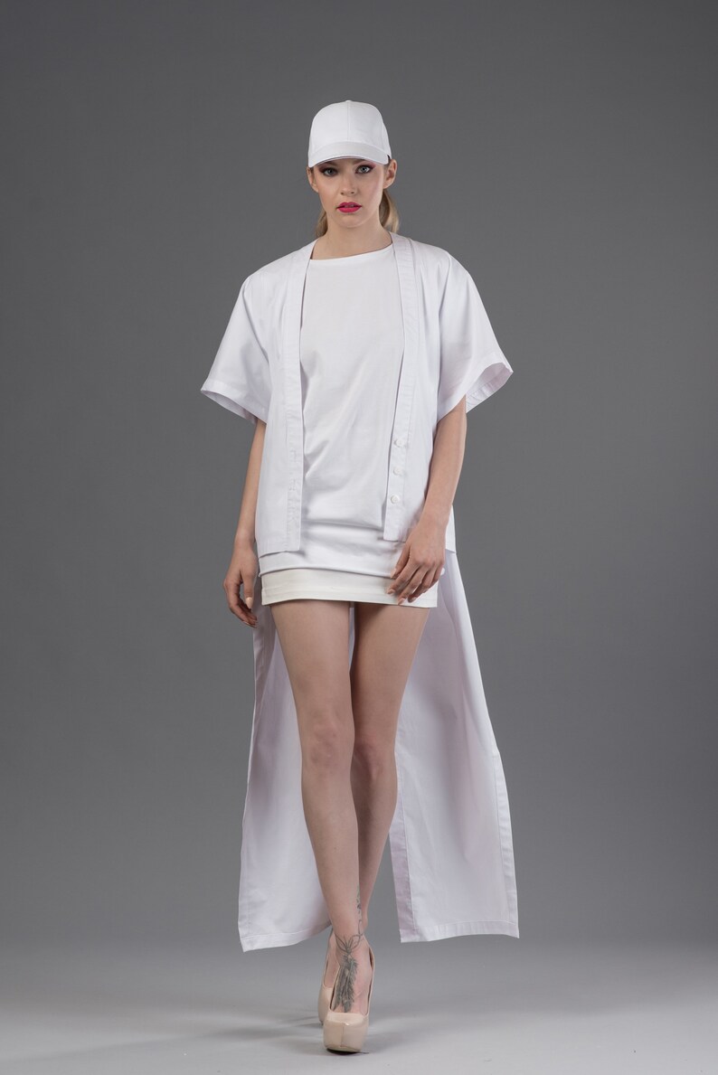 Kaftan shirt / Kimono shirt / White maxi top / Longline cardigan / Minimalist white top / White kimono jacket / Futuristic shirt image 3