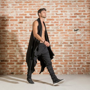 Draped mens cardigan / Sleeveless draped cardigan / Black draped cardigan / Asymmetric cardigan / Minimalist mens fashion image 2