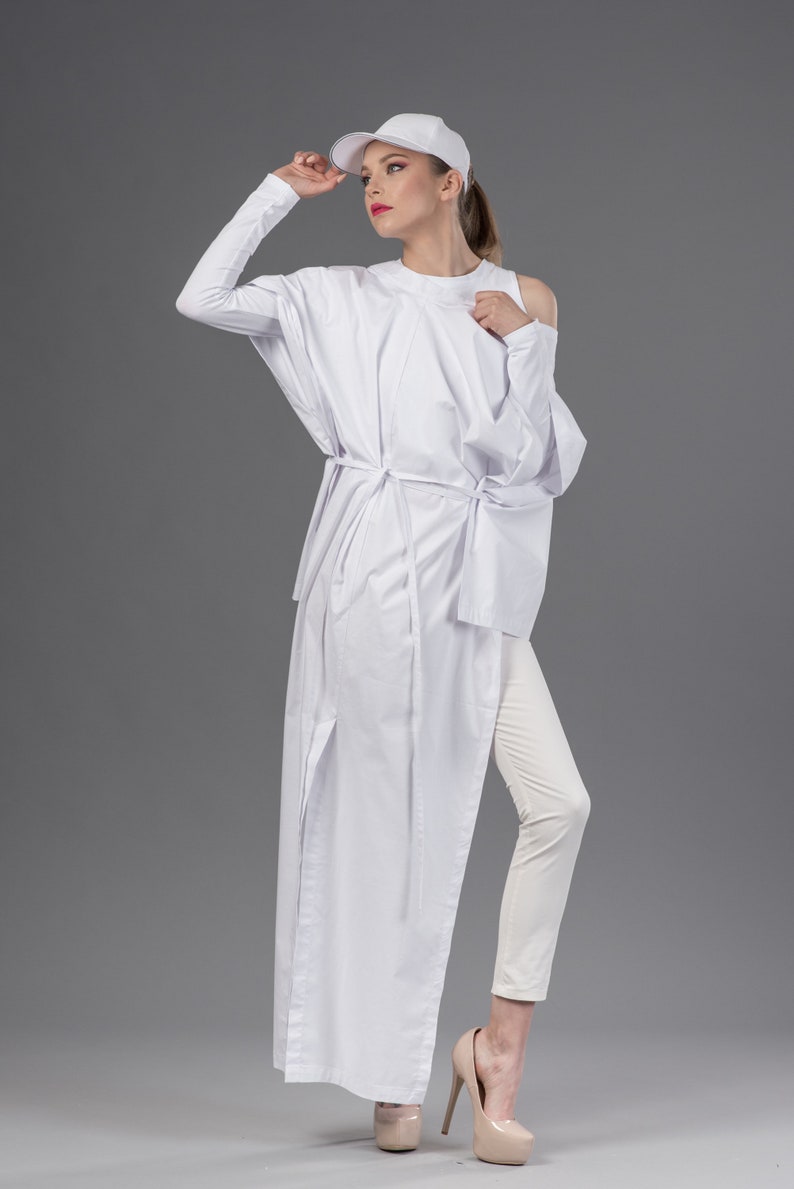 Kaftan shirt / Kimono shirt / White maxi top / Longline cardigan / Minimalist white top / White kimono jacket / Futuristic shirt image 7