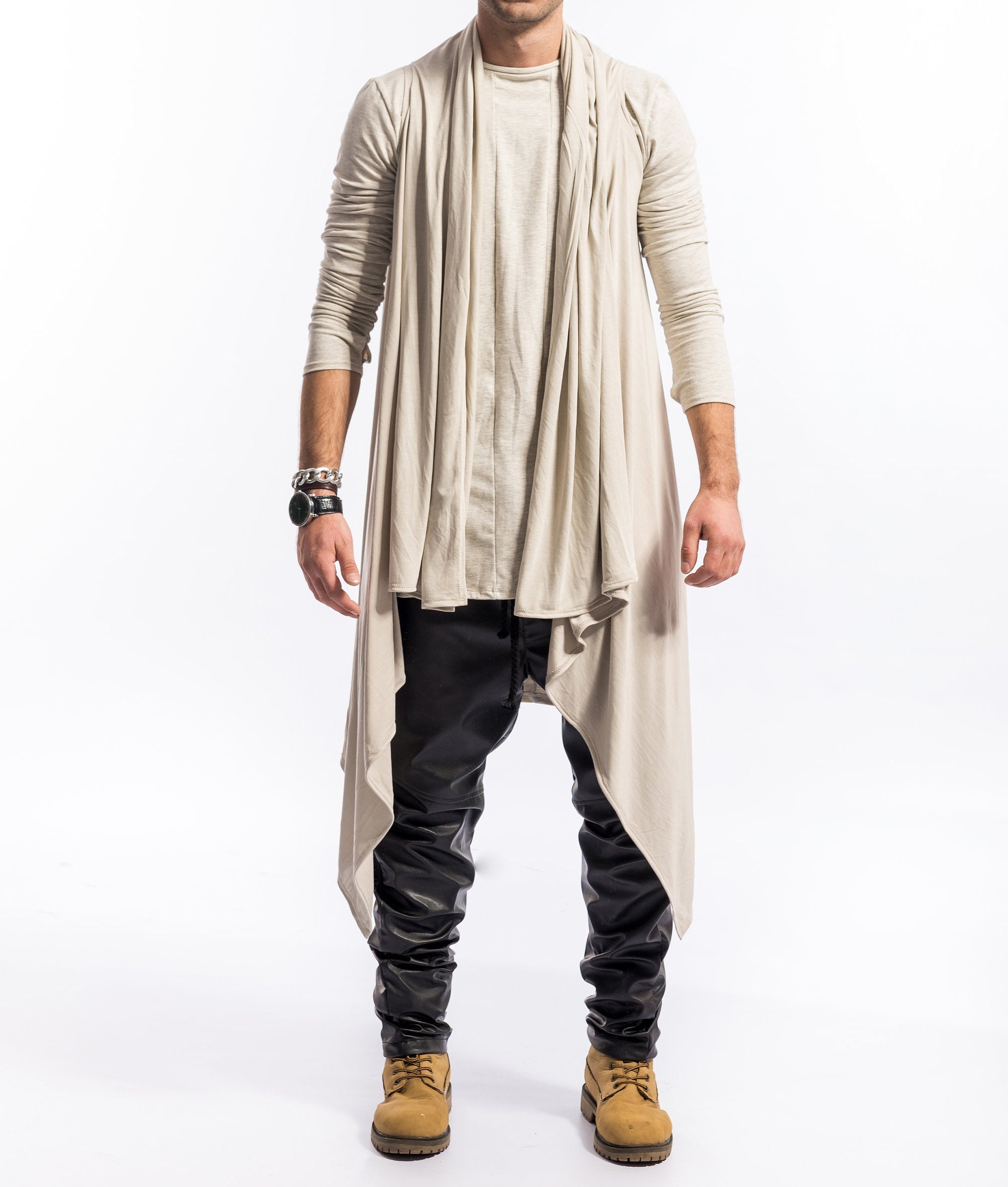 Beige Draped Sleeveless Cardigan: Minimalist Jersey Fashion