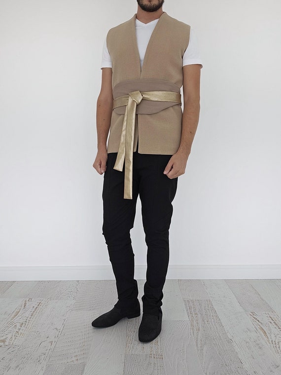 Gilet kimono en laine veste sans manches beige avec ceinture obi