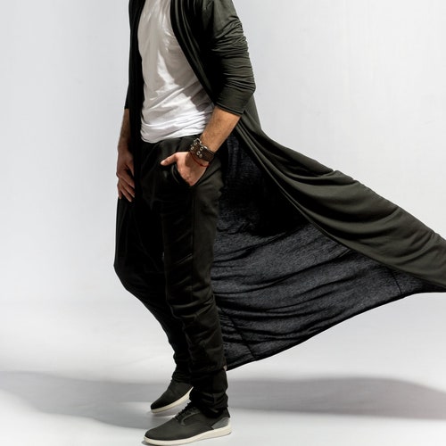 Mens kimono cardigan / Longline Cardigan / Long black cardigan / Minimalist fashion / Jersey kimono / Dark fashion