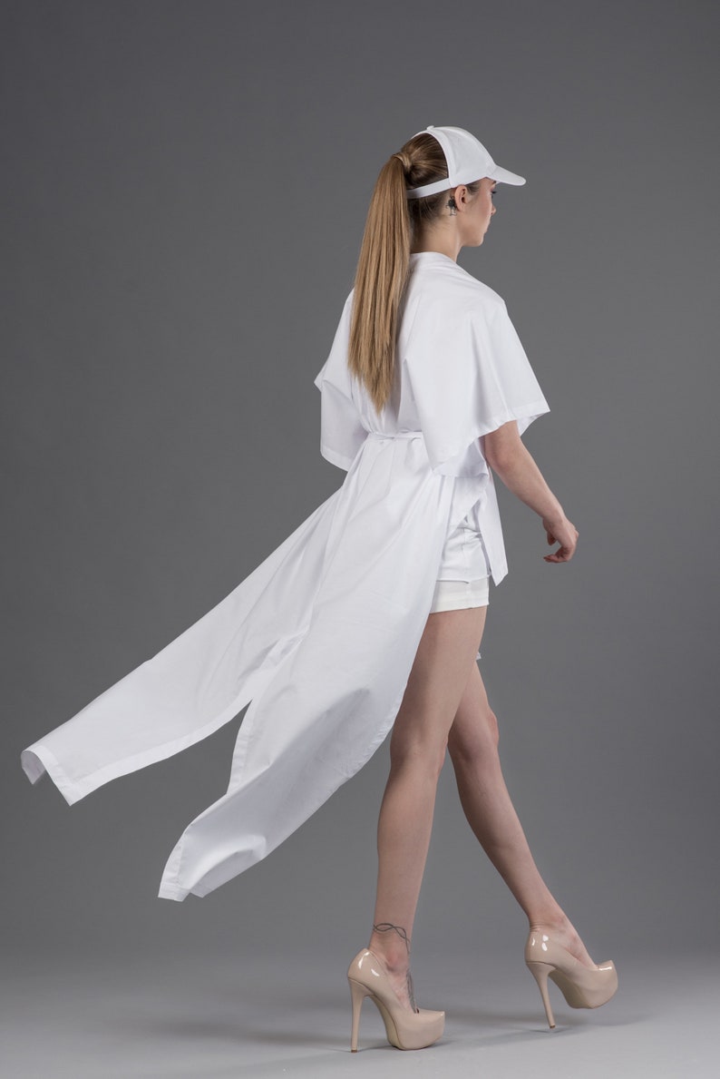 Kaftan shirt / Kimono shirt / White maxi top / Longline cardigan / Minimalist white top / White kimono jacket / Futuristic shirt image 4