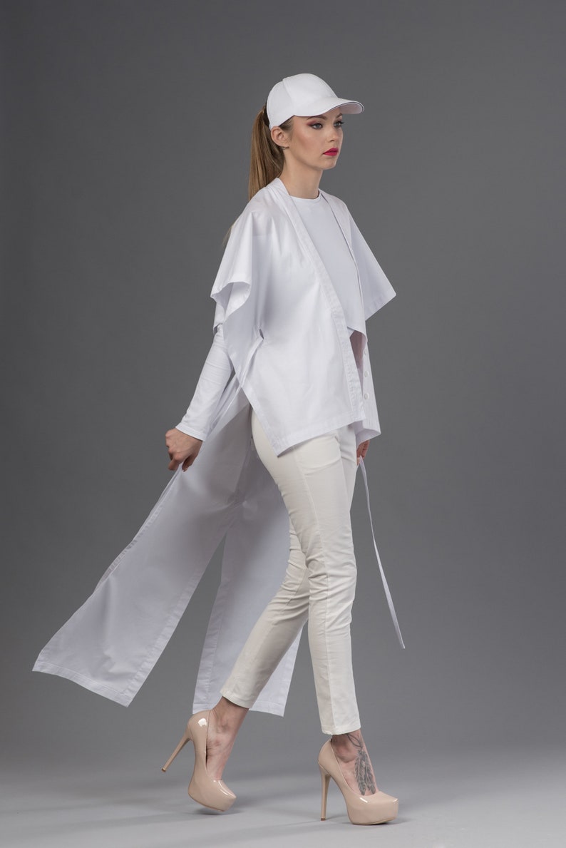 Kaftan shirt / Kimono shirt / White maxi top / Longline cardigan / Minimalist white top / White kimono jacket / Futuristic shirt image 6
