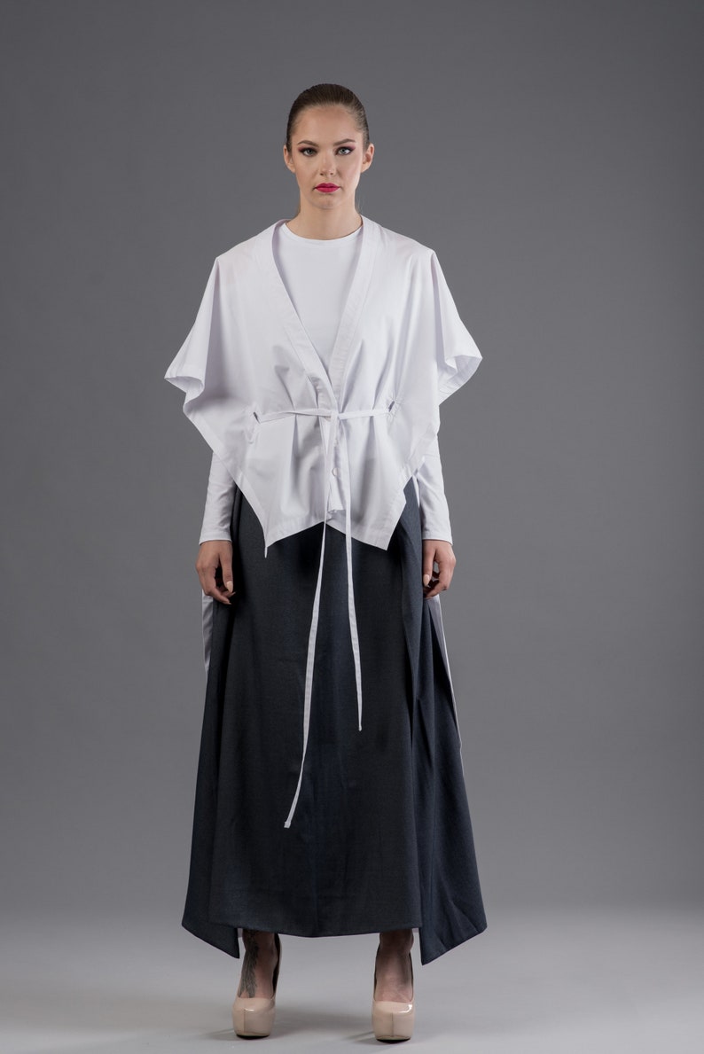 Kaftan shirt / Kimono shirt / White maxi top / Longline cardigan / Minimalist white top / White kimono jacket / Futuristic shirt image 9