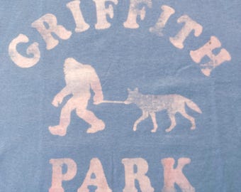 Griffith Park Sasquatch coyote walk Hand Dyed T-Shirt (Cream/Orange on BABY BLUE)