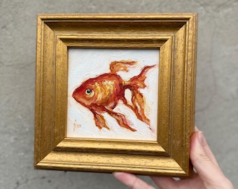 Pintura de peces, arte de peces dorados, arte vintage con marco dorado, pintura única de 4x4, regalo para él o ella.