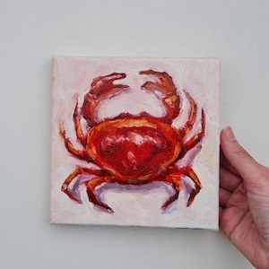 Pintura al óleo de cangrejo rojo sobre lienzo 6x6 Vida marina Arte original del mar