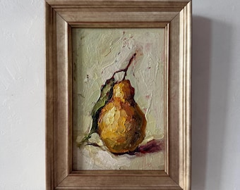 Peinture à l'huile de poire, nature morte encadrée, petit tableau mural, décoration de cuisine, œuvre d'art originale sur le thème des fruits