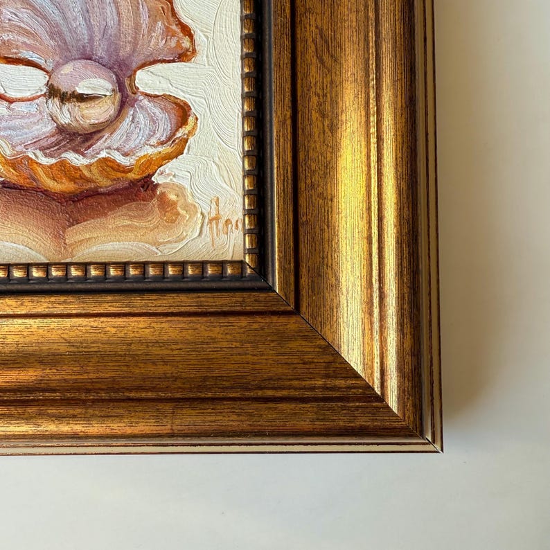 Arte de concha con perla: pintura al óleo original enmarcada, arte mural de estética costera, obra de arte náutica imagen 4