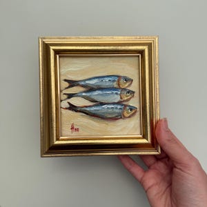 Fish Painting Sardine Original Art 4x4 Kitchen Wall Art Sardines Small Oil Painting Miniature French Country Art