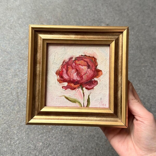 Peinture florale pivoine, œuvre d'art originale encadrée, petite œuvre d'art, peinture florale vintage