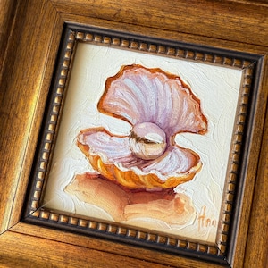 Arte de concha con perla: pintura al óleo original enmarcada, arte mural de estética costera, obra de arte náutica imagen 10