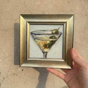 Dirty Martini Art Oryginalny obraz olejny Sztuka koktajlowa Dekoracja wózka barowego Malowanie oliwek Malowana ręcznie scena koktajlowa