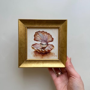 Seashell Pearl Painting Sea Shell with Pearl Artwork Original Oil Painting 4x4 Coastal Wall Art Aesthetic