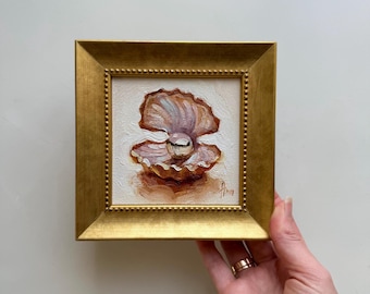 Seashell Pearl Painting Sea Shell with Pearl Artwork Original Oil Painting 4x4 Coastal Wall Art Aesthetic