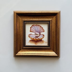 Arte de concha con perla: pintura al óleo original enmarcada, arte mural de estética costera, obra de arte náutica art+frame