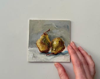 Cuadro al óleo enmarcado con diseño de pera vintage. Obra de arte original para cocina, 4x4, estilo vintage único.