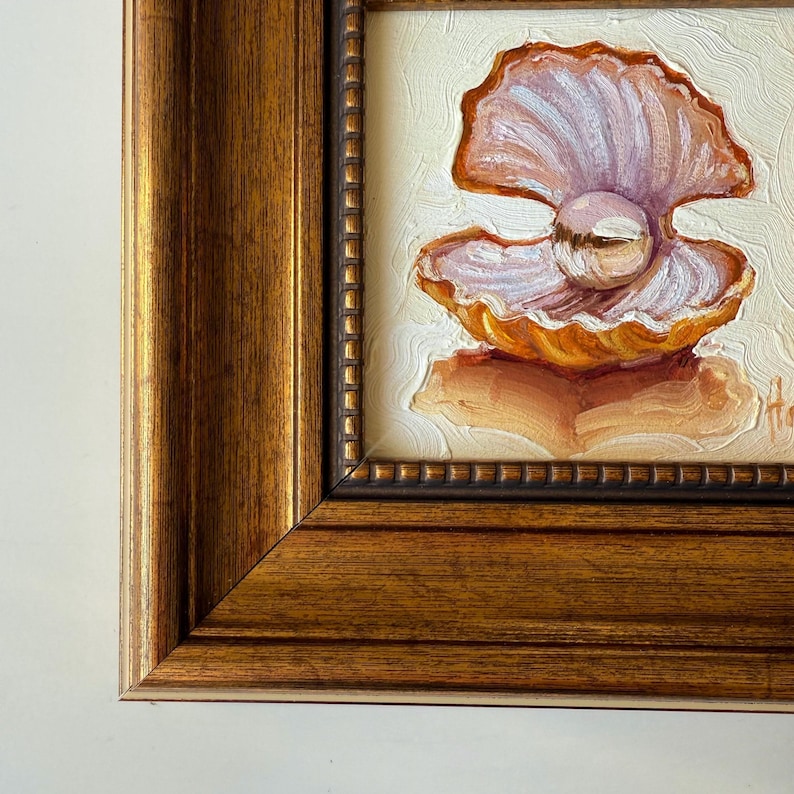 Arte de concha con perla: pintura al óleo original enmarcada, arte mural de estética costera, obra de arte náutica imagen 11