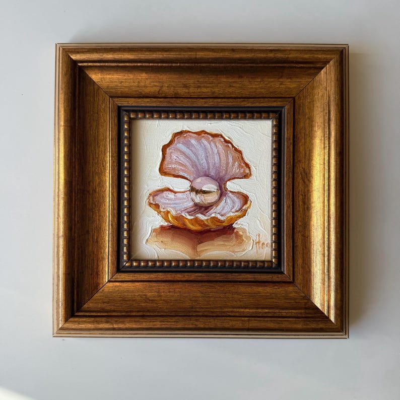 Arte de concha con perla: pintura al óleo original enmarcada, arte mural de estética costera, obra de arte náutica imagen 9