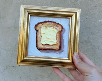 Gemälde von Butter, Original-Ölgemälde im Rahmen, Impasto-Technik, Frühstückskunst, kleine Küchendekoration, 4x4