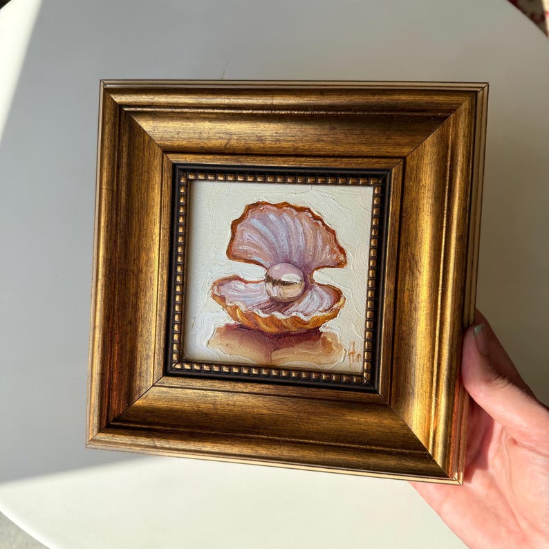 Arte de concha con perla: pintura al óleo original enmarcada, arte mural de estética costera, obra de arte náutica imagen 6