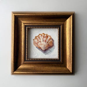Shell Painting Oyster Original Oil Artwork Seashell Small Framed Art Coastal Oil Painting 4x4