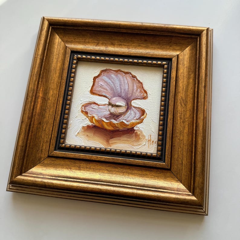 Arte de concha con perla: pintura al óleo original enmarcada, arte mural de estética costera, obra de arte náutica imagen 2