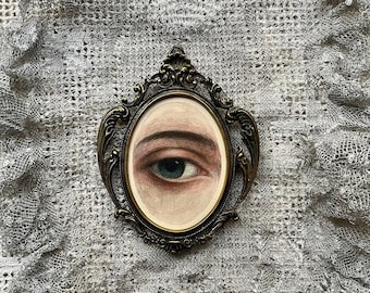 Original Lover's Eye Painting, Victorian Style Unique Pencil Drawing in Vintage Frame, Antique Brass Framed Wall Art, Gothic Home Decoration