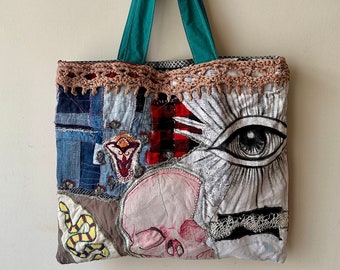 Hand Drawn Upcycled Large Cotton Tote Bag Skull, Serpent & All Seeing Eye Canvas Tote Bag One of a Kind Patchwork Shopping Bag Gothic Purses