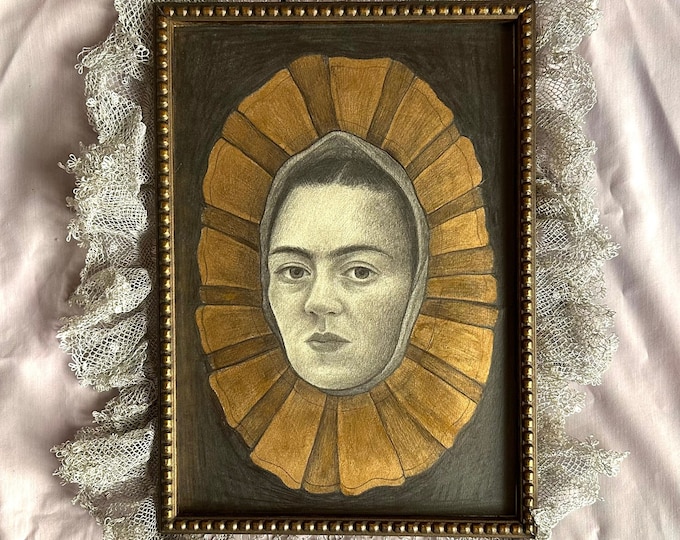 Original Pencil Drawing of Frida Kahlo, Gold Portrait Art, Vintage