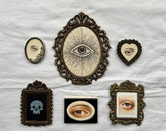 Gallery Wall Set 6 Framed Original Eye Painting, Vintage Framed All Seeing Eye Print Victorian Gothic Home Decor Dark Art Print Unique Gifts