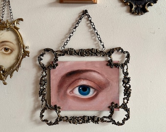 Original Lover's Eye Oil Painting, Victorian Style Unique Art in Vintage Metal Frame, Antique Framed Wall Art, Gothic Home Decor Unique Gift