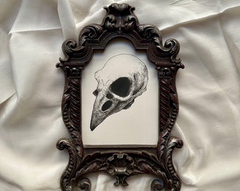 Unique Framed Print, Vintage Style Ornate Framed Bird Skull Illustration, Dark Art, Gothic Home Decor, Wall Art Unique Gifts Horror Painting