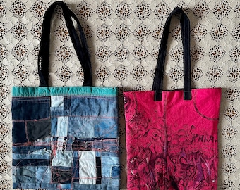 Set of 2 Hand Drawn Reusable Cotton Tote Bag, Patchwork Denim Unique Bag, Sustainable Large Shopping Bag with Lining Upcycled Gothic Bag