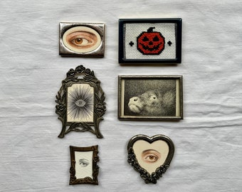 Gallery Wall Set 6 Framed Original Eye Paintings Vintage Framed Cross Stitch Victorian Gothic Home Decor Dark Art Print Unique Gifts For Her