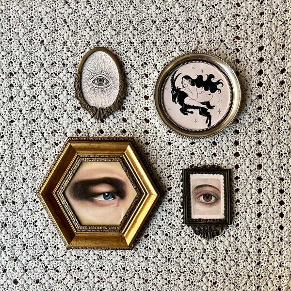 Gallery Wall Set of 4 Framed Wall Decor, Original Eye Art, Watercolor Painting, Victorian Gothic Home Print, Witch Screenprint, Unique Gifts
