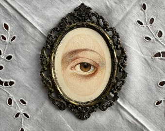 Original Lovers Eye Portrait Painting Victorian Style Unique Pencil Drawing in Vintage Frame Antique Brass Framed Wall Art Gothic Home Decor